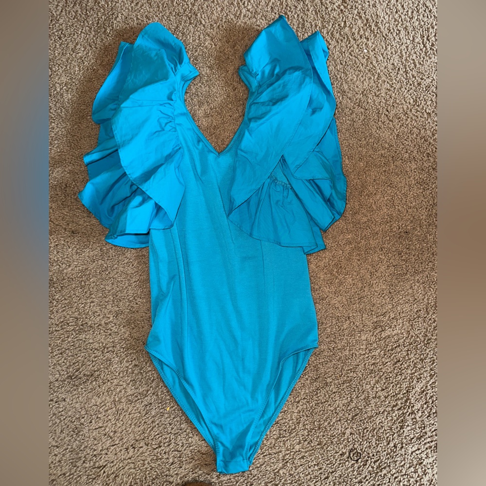 Romwe Women's V Neck Ruffle Bodysuit
